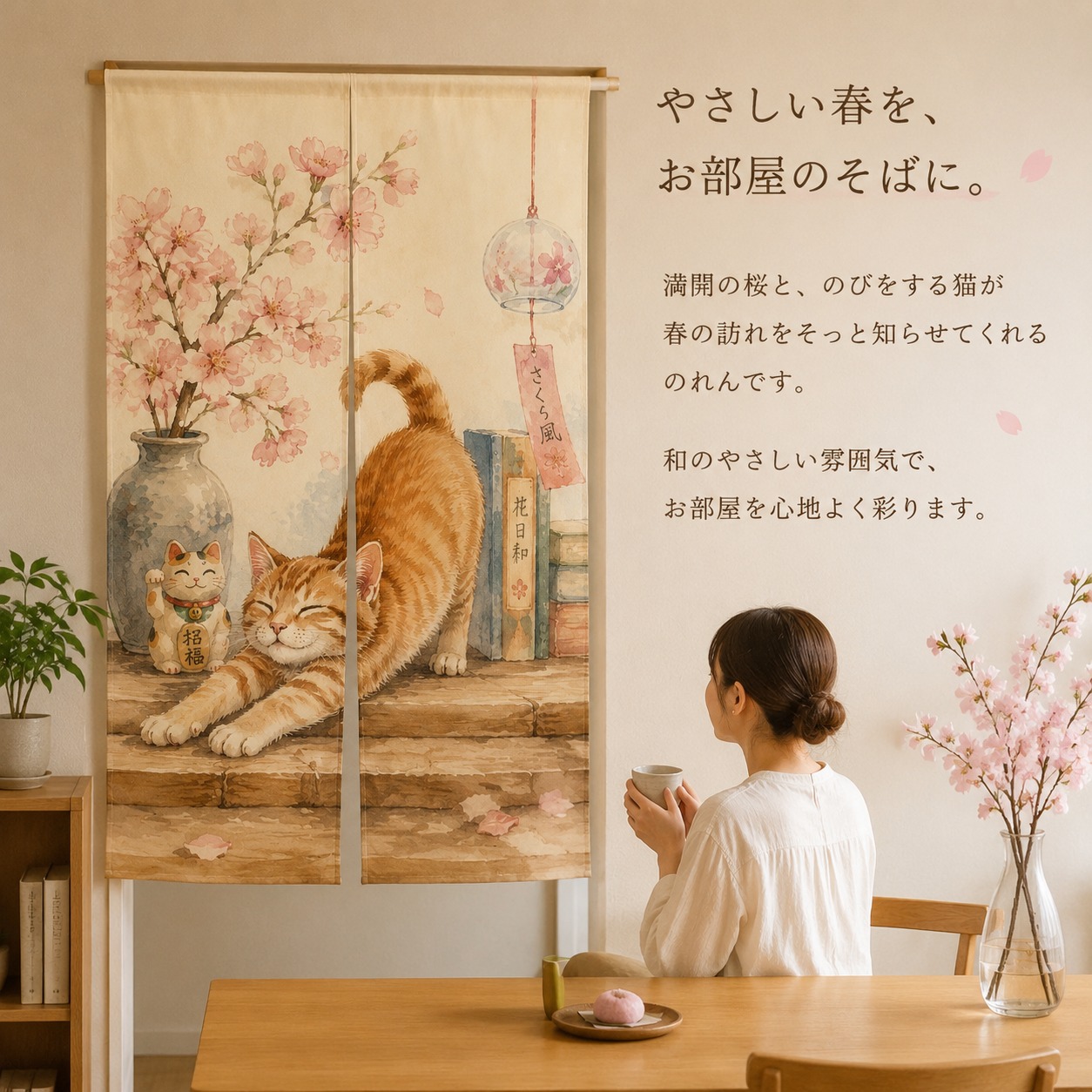 Noren Curtain Doorway - Japanischer Katzen-Sakura-Noren-Vorhang, Raumteiler, Polyester-Türvorhang, japanische Frühlingsdekoration,