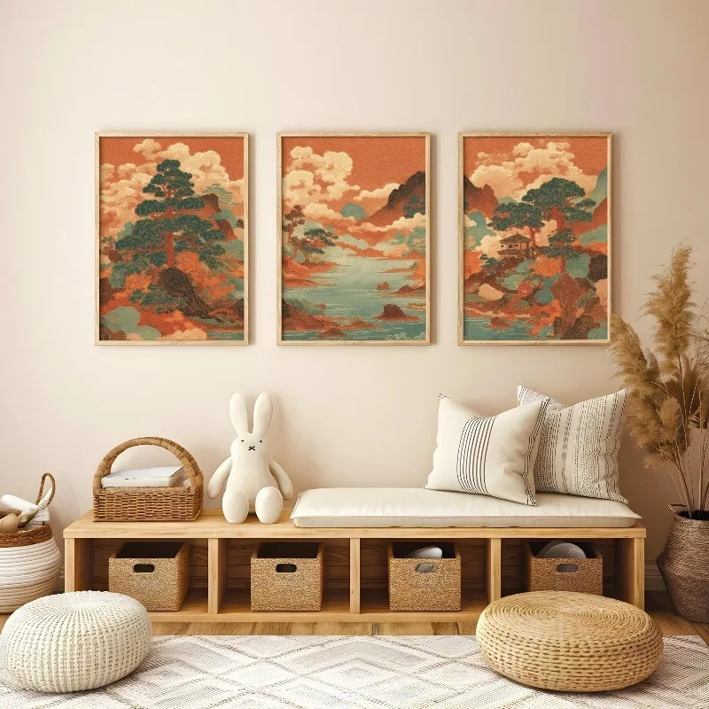 Japanese Living Lifestyle - 3-teiliges Vintage Japanisches Ukiyo-e Rote Landschaft