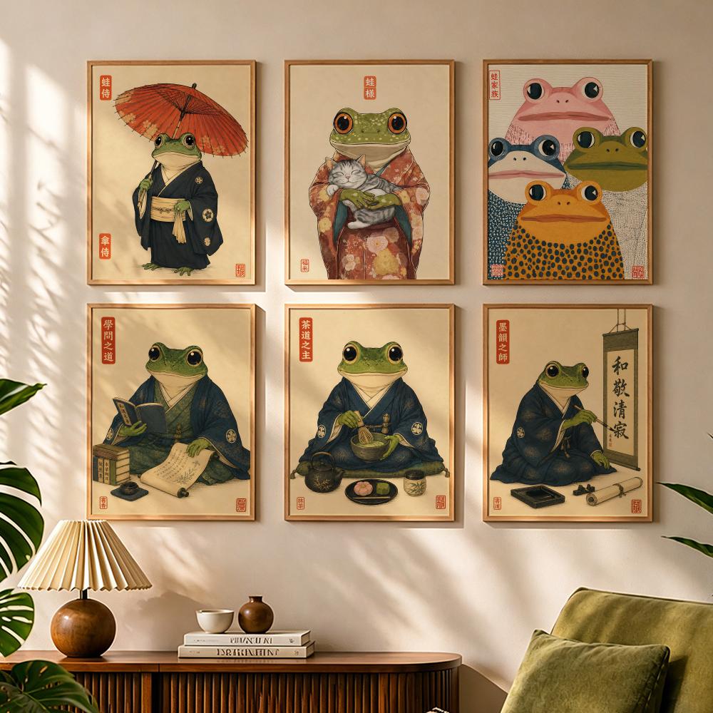 Japanese Lifestyle In Japanese - Kulturelles japanisches Frosch-Lebensstil-Gemälde, Kalligraphie, Leinwand-Poster, Schlafzimmer,