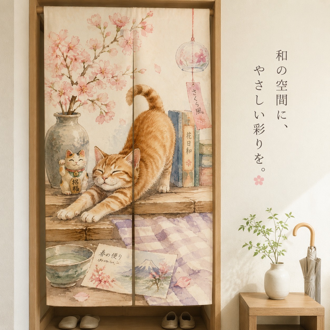 Japanischer Katzen-Sakura-Nore – Noren Curtain Doorway Bewertung und Preis